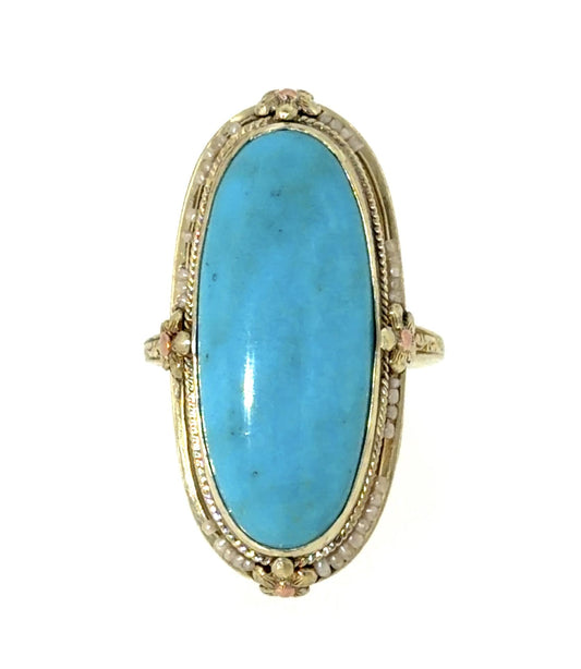 Original Victorian 10.30ct Turquoise 14KY Gold Ring (Antique 1890s) 7.60g