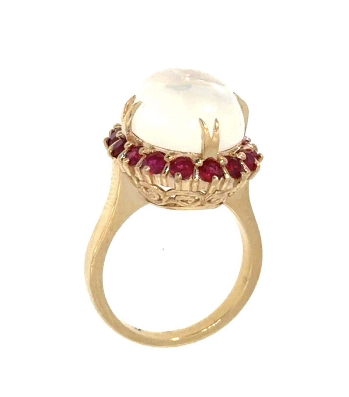 11.50ct Moonstone 1.74ct Round Ruby 14KY Gold Ring 8.70g