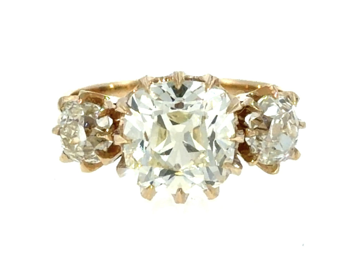 3.02ct (O-P VVS2) Old Mine Cushion Diamond 14KY Gold Ring 1.26ct SD 4.50g