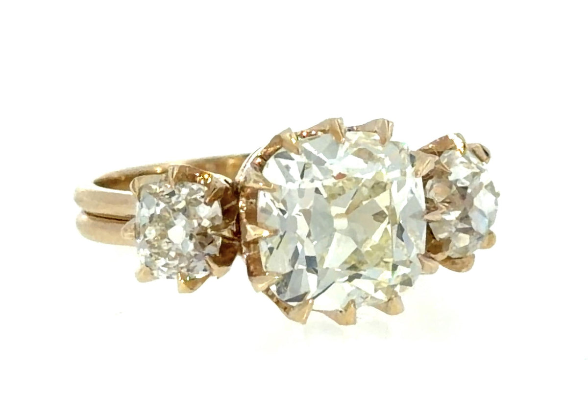3.02ct (O-P VVS2) Old Mine Cushion Diamond 14KY Gold Ring 1.26ct SD 4.50g