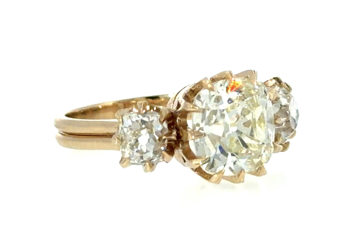 3.02ct (O-P VVS2) Old Mine Cushion Diamond 14KY Gold Ring 1.26ct SD 4.50g
