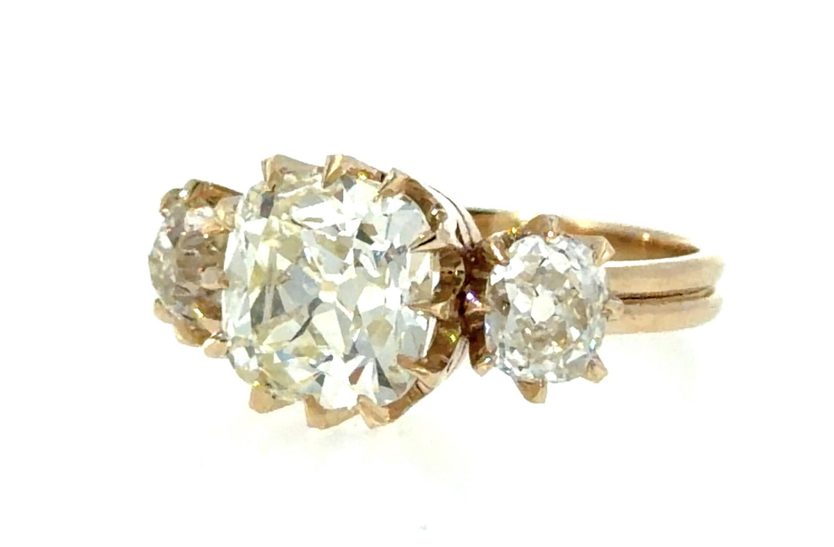 3.02ct (O-P VVS2) Old Mine Cushion Diamond 14KY Gold Ring 1.26ct SD 4.50g