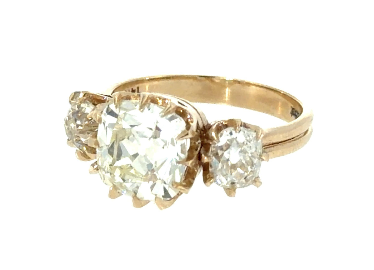 3.02ct (O-P VVS2) Old Mine Cushion Diamond 14KY Gold Ring 1.26ct SD 4.50g