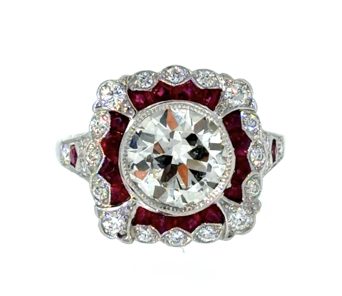 1.90ct (I-J VS) approx European Diamond .76ct Ruby PT Inspired Handmade Ring