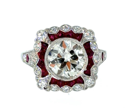 1.90ct (I-J VS) approx European Diamond .76ct Ruby PT Inspired Handmade Ring