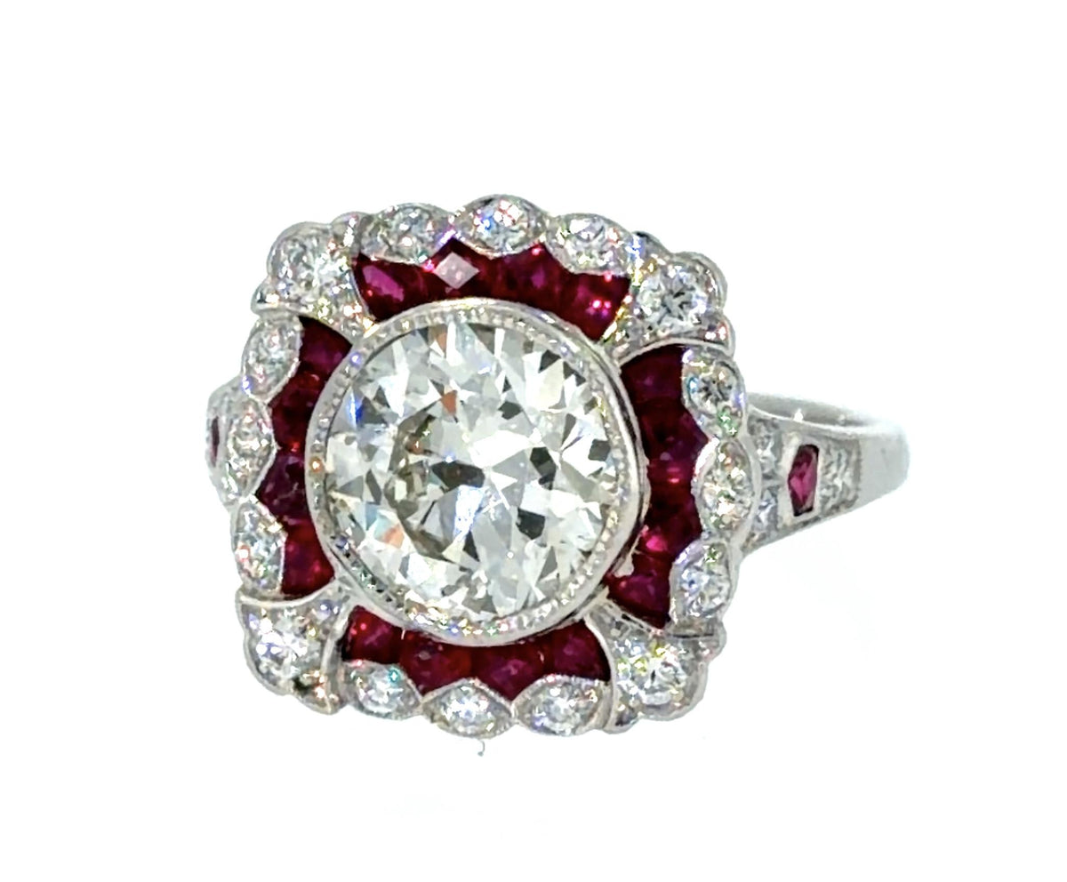 1.90ct (I-J VS) approx European Diamond .76ct Ruby PT Inspired Handmade Ring