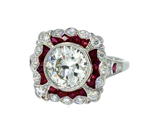 1.90ct (I-J VS) approx European Diamond .76ct Ruby PT Inspired Handmade Ring