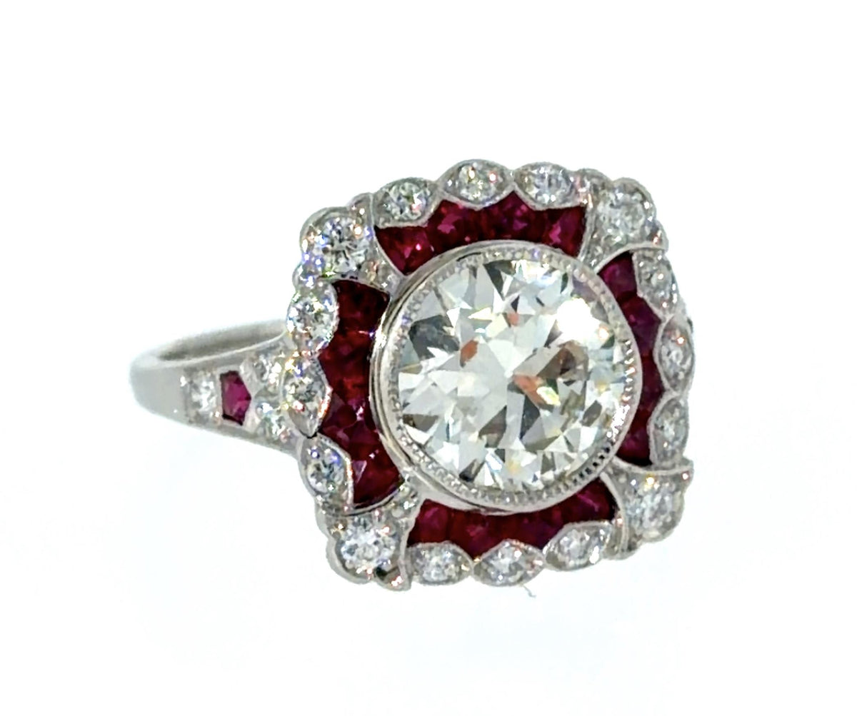 1.90ct (I-J VS) approx European Diamond .76ct Ruby PT Inspired Handmade Ring