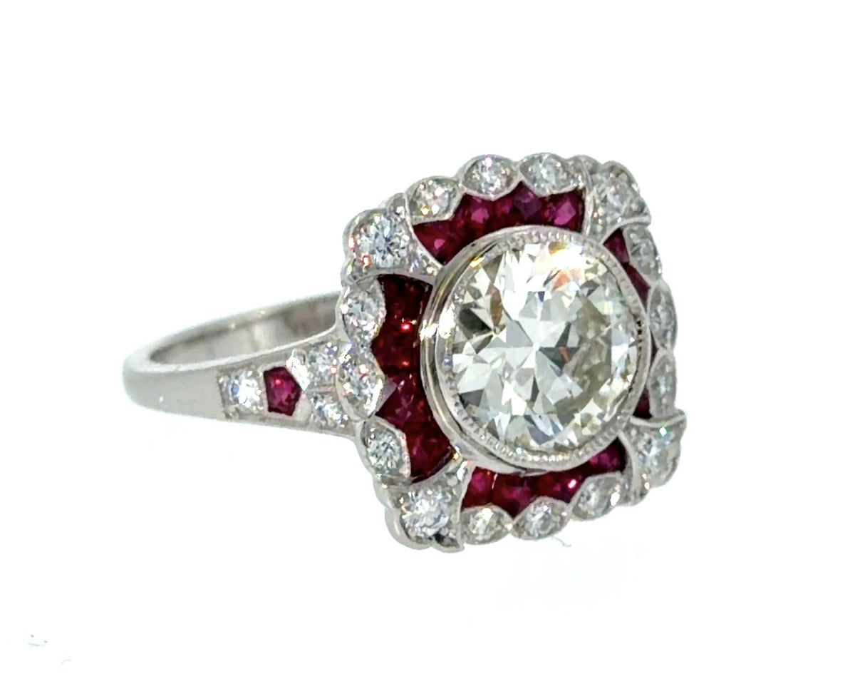 1.90ct (I-J VS) approx European Diamond .76ct Ruby PT Inspired Handmade Ring