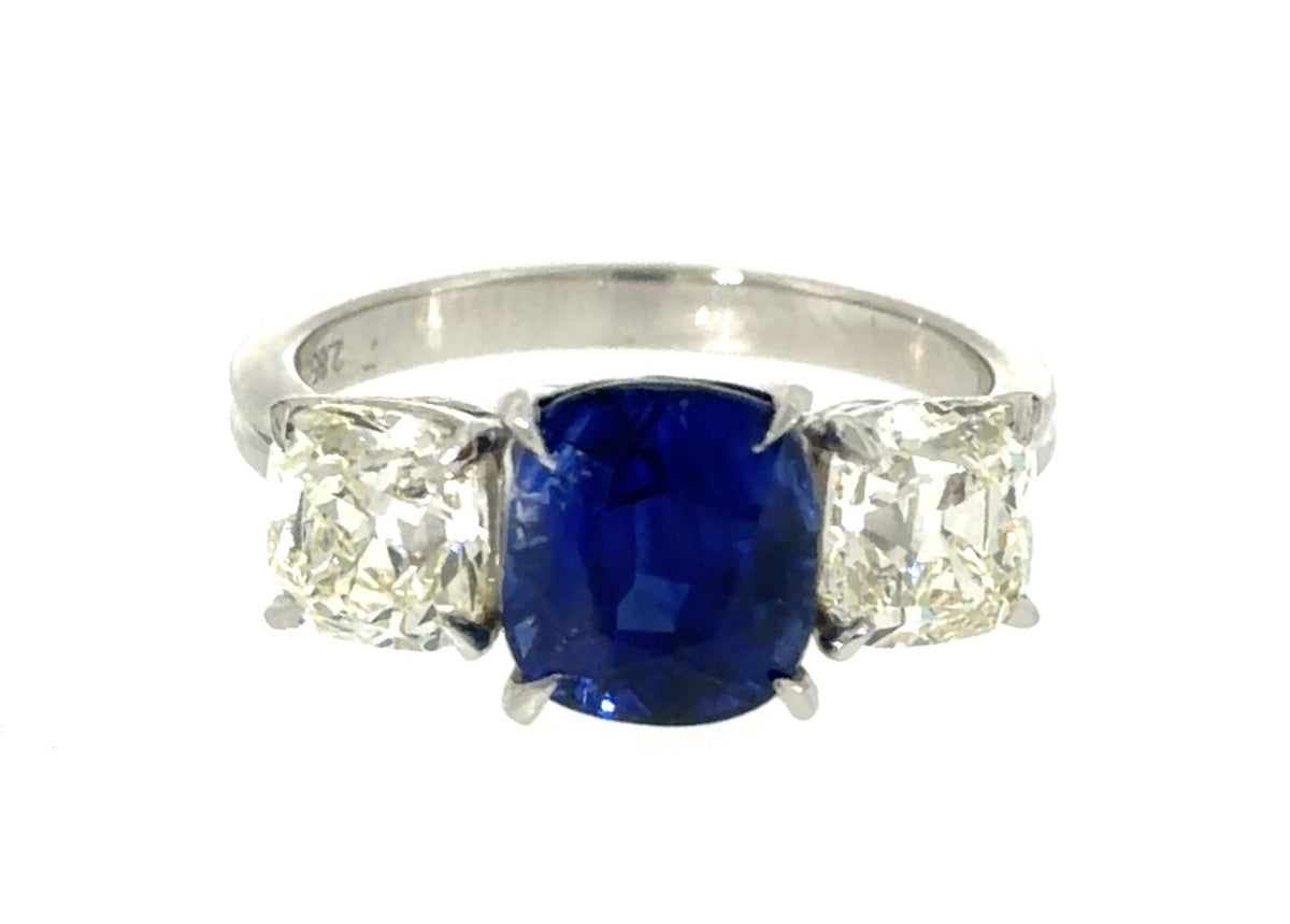 2.85ct Cushion Sapphire Platinum Three Stone Ring