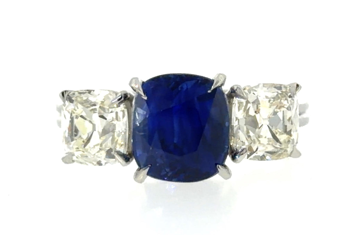 2.85ct Cushion Sapphire Platinum Three Stone Ring