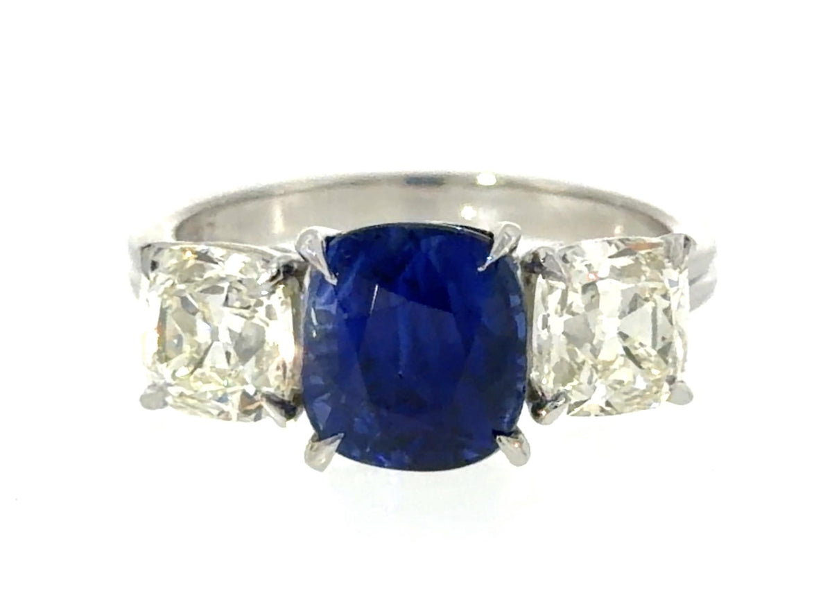 2.85ct Cushion Sapphire Platinum Three Stone Ring