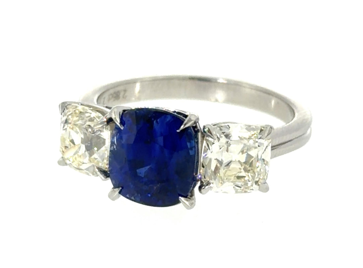 2.85ct Cushion Sapphire Platinum Three Stone Ring
