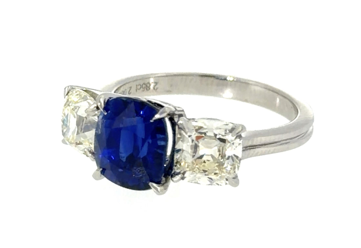 2.85ct Cushion Sapphire Platinum Three Stone Ring