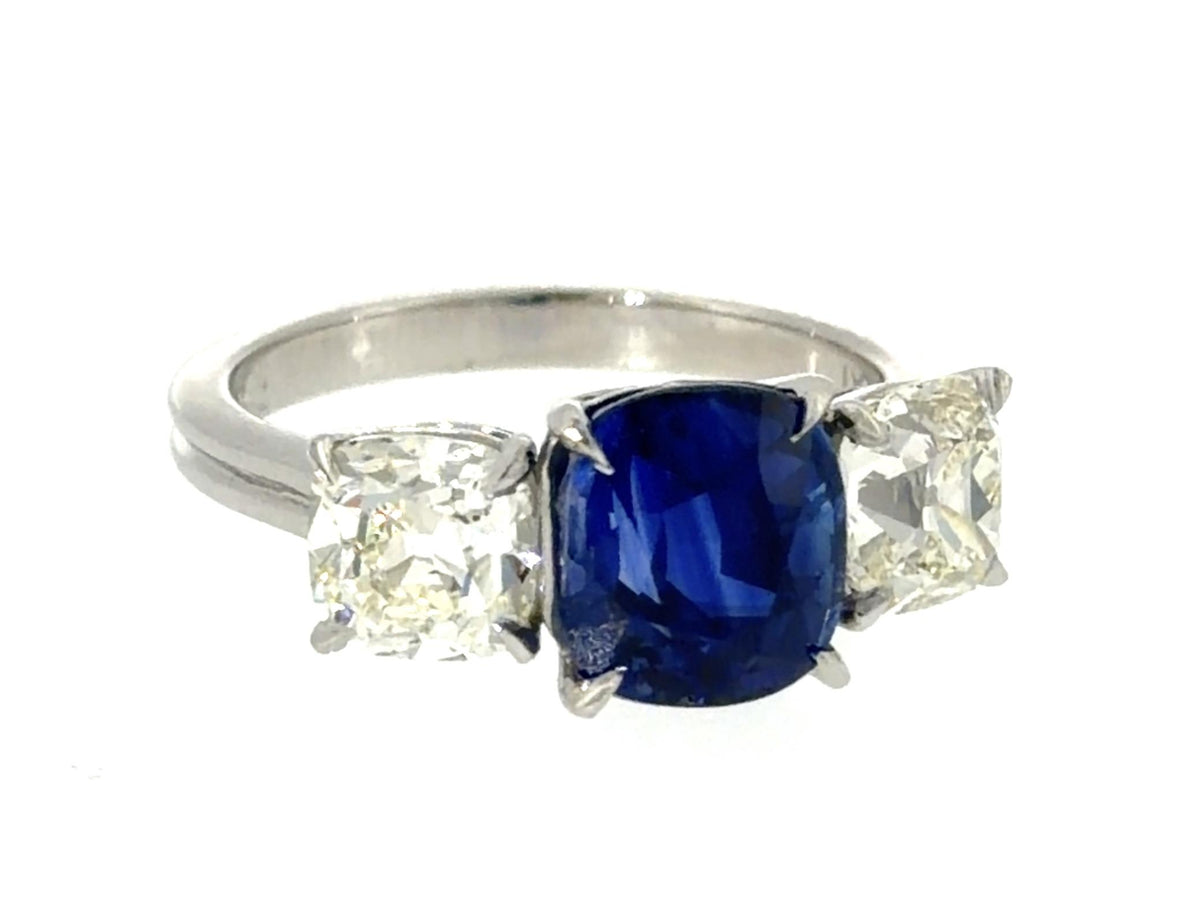 2.85ct Cushion Sapphire Platinum Three Stone Ring