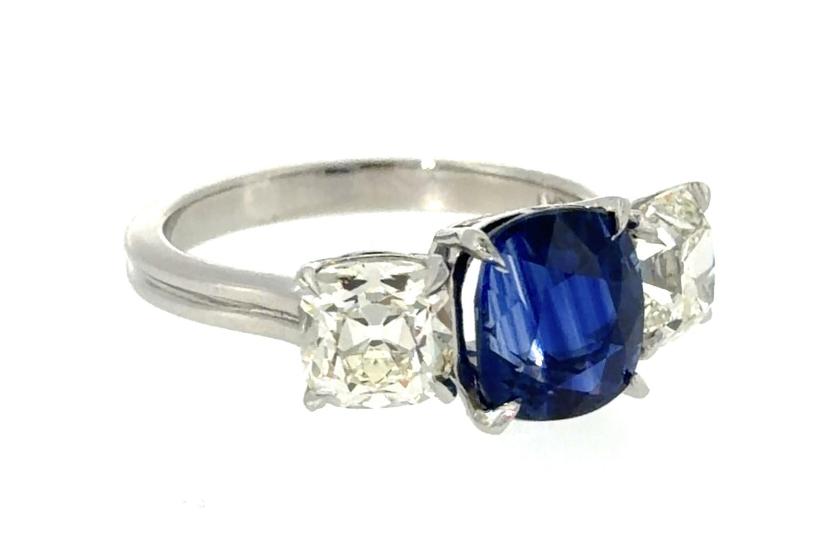 2.85ct Cushion Sapphire Platinum Three Stone Ring
