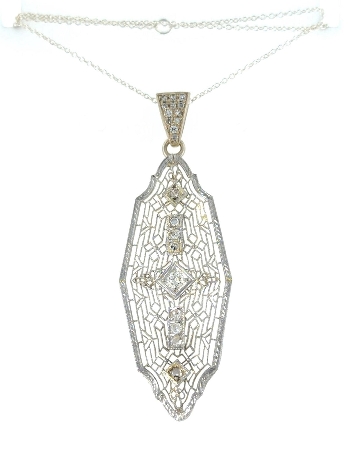 Original Art Deco .60ct 14KW Gold Pendant (Vintage 1930s) Silver Chain