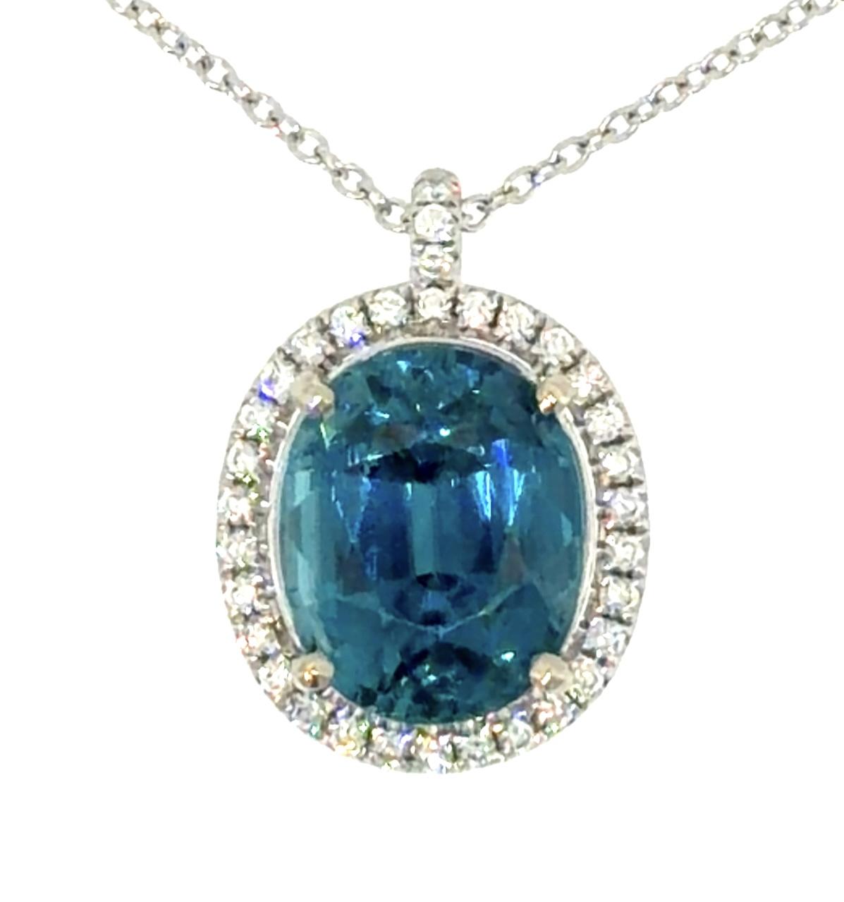 9ct Blue Zircon 14KW Gold Pendant .30ct Diamond 6.75g 16"