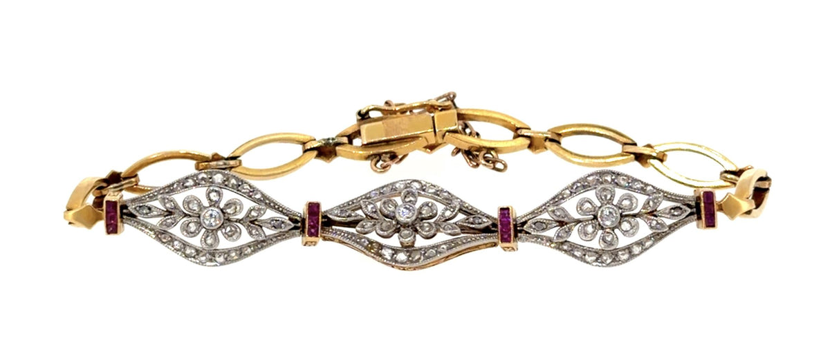 Original Edwardian PT+18KY Gold Bracelet (Antique 1900s) 1ct Diamond .40ct Ruby