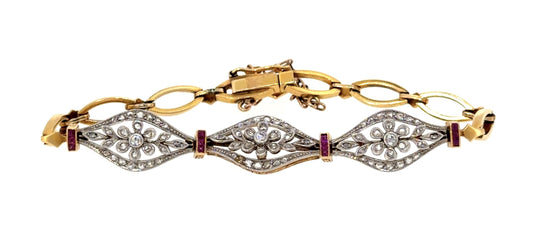 Original Edwardian PT+18KY Gold Bracelet (Antique 1900s) 1ct Diamond .40ct Ruby