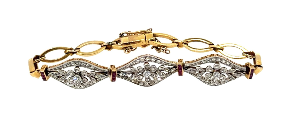 Original Edwardian PT+18KY Gold Bracelet (Antique 1900s) 1ct Diamond .40ct Ruby