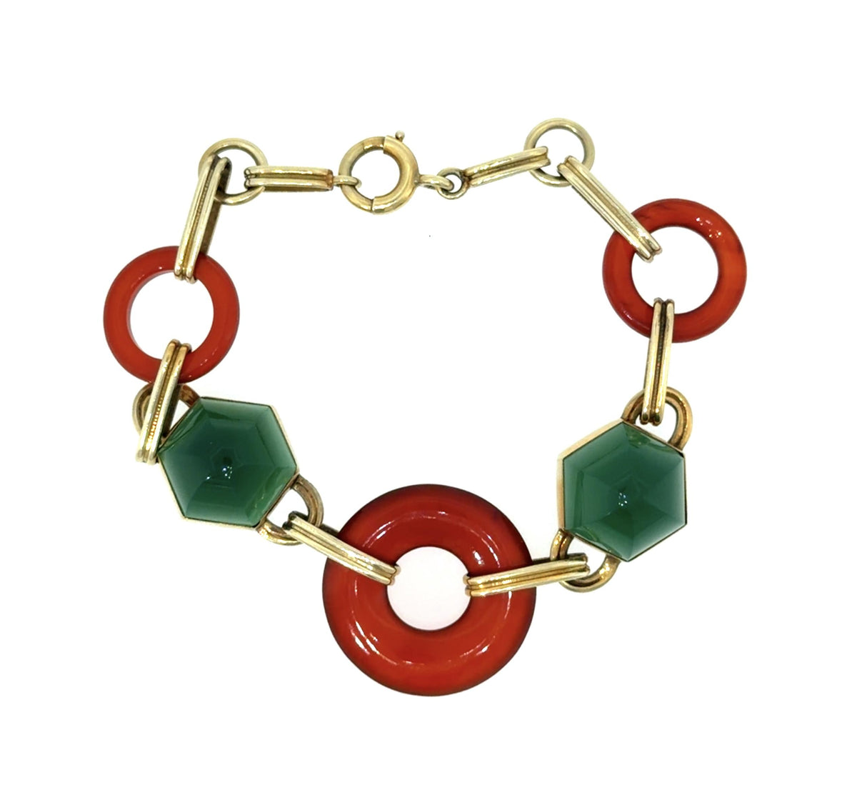 Original Art Deco Carnelian + Crysophrase 14KY Bracelet (Antique 1920s) 17.6g