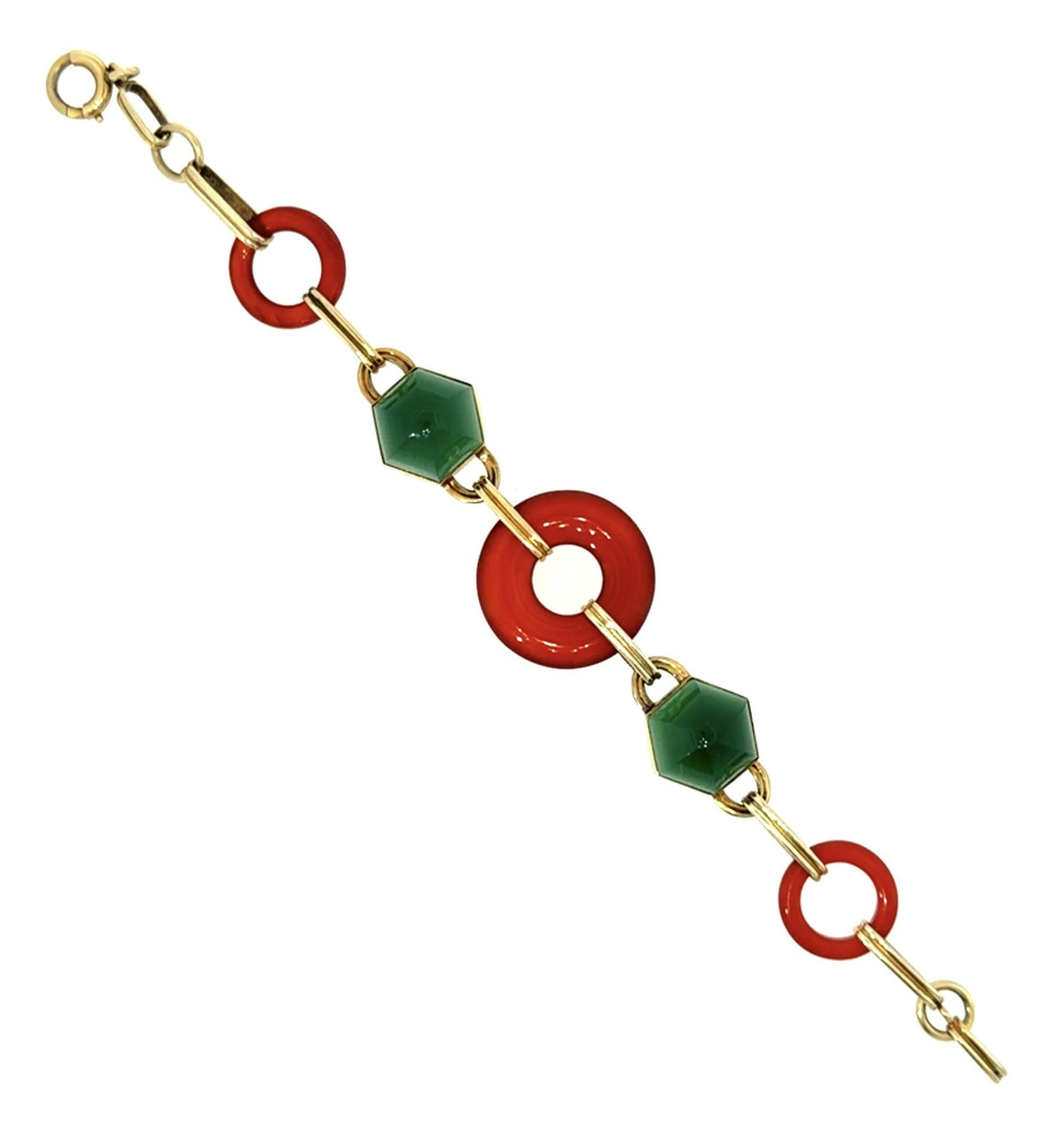 Original Art Deco Carnelian + Crysophrase 14KY Bracelet (Antique 1920s) 17.6g