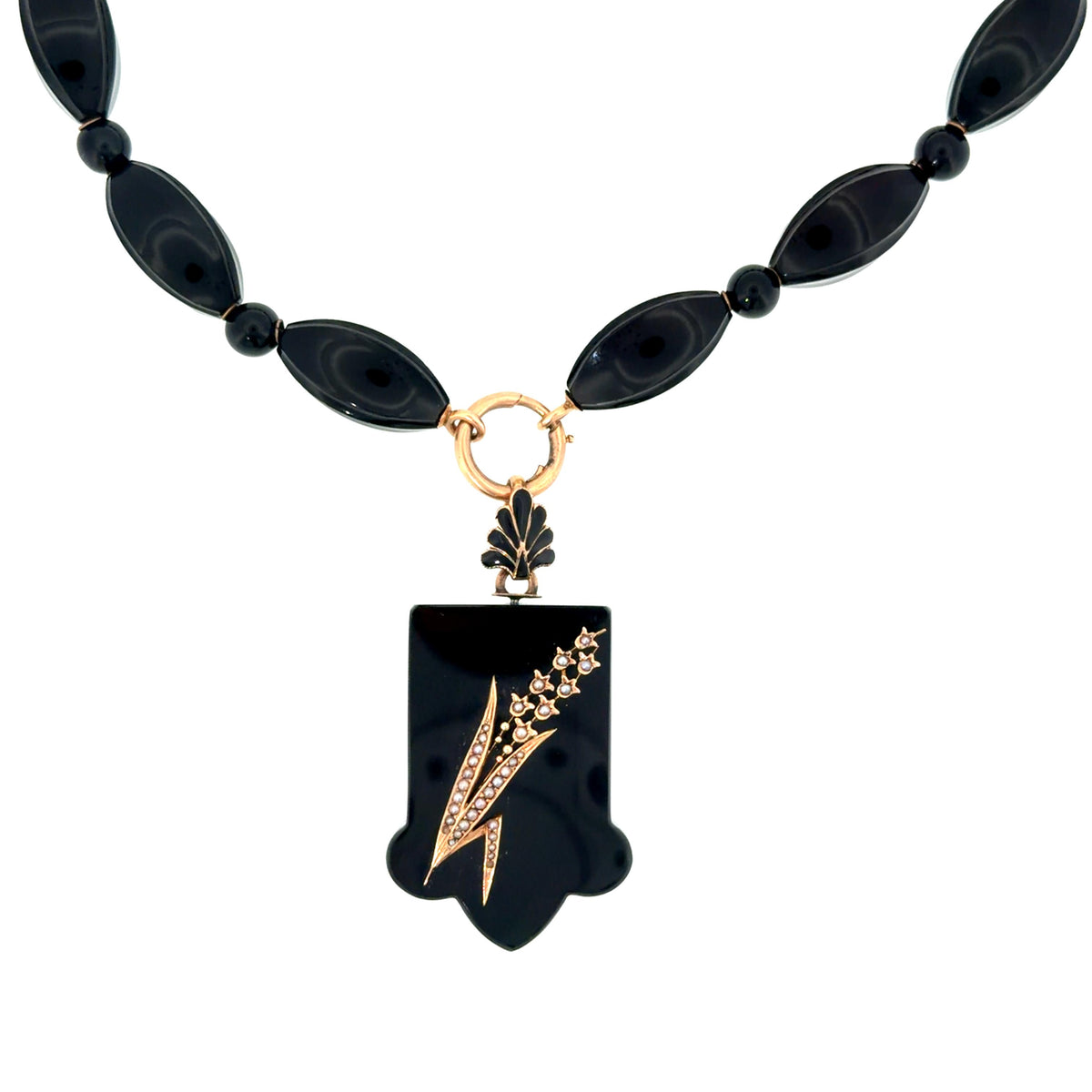Original Mid Victorian (Mourning Era) Onyx 14KY Gold Floral Locket Pendant
