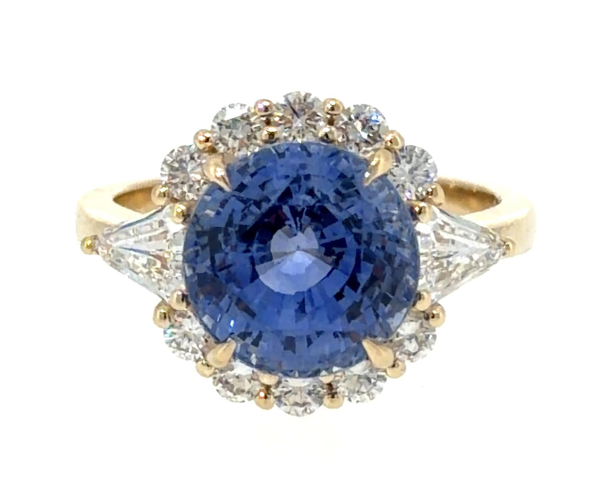 6.20ct Heated Sri Lanka Round Sapphire 14KY Gold Ring .81ct (Two Trillion Dia)