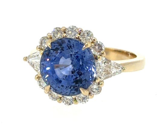6.20ct Heated Sri Lanka Round Sapphire 14KY Gold Ring .81ct (Two Trillion Dia)
