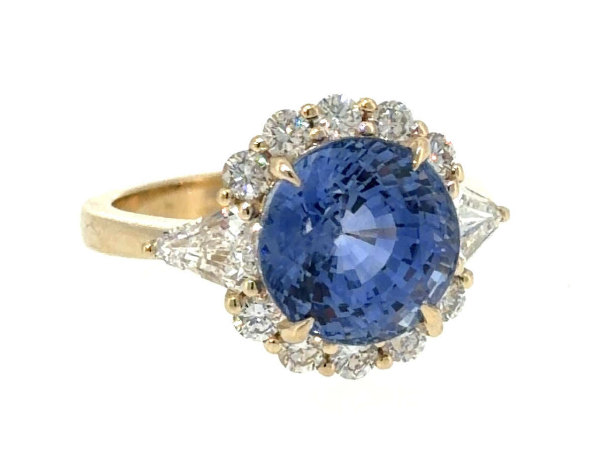6.20ct Heated Sri Lanka Round Sapphire 14KY Gold Ring .81ct (Two Trillion Dia)