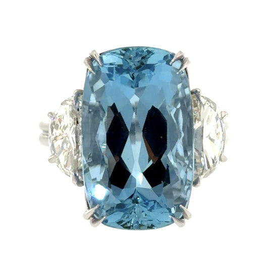 9.91ct Elongated Cushion Aquamarine Platinum Ring 1.31ct Moon Diamond 9.59g GIA