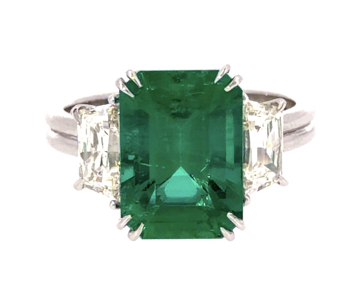 4.15ct F2 Emerald Platinum Ring 1.16ct (J VS2 No Cert) Trapezoid Diamond 7g