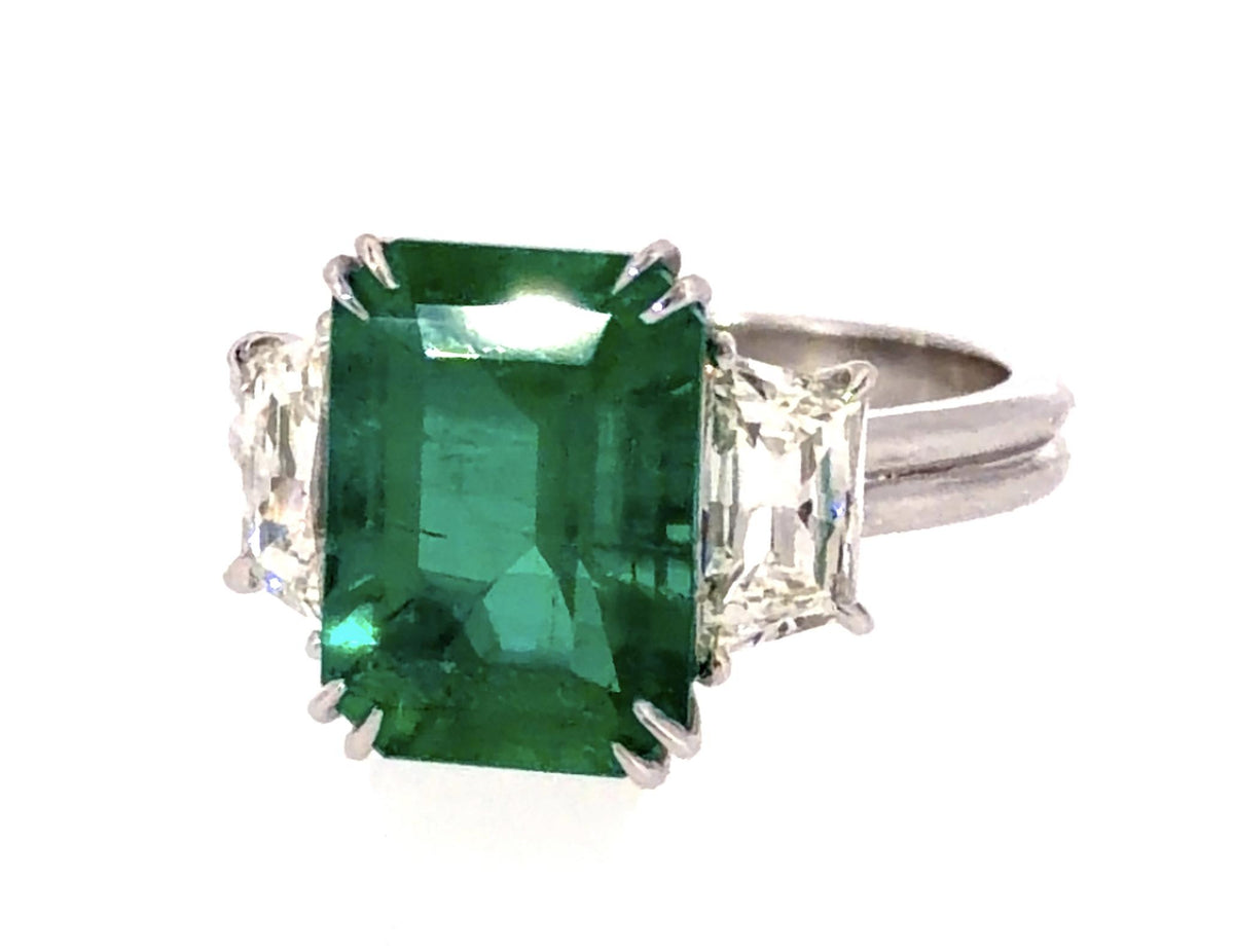 4.15ct F2 Emerald Platinum Ring 1.16ct (J VS2 No Cert) Trapezoid Diamond 7g