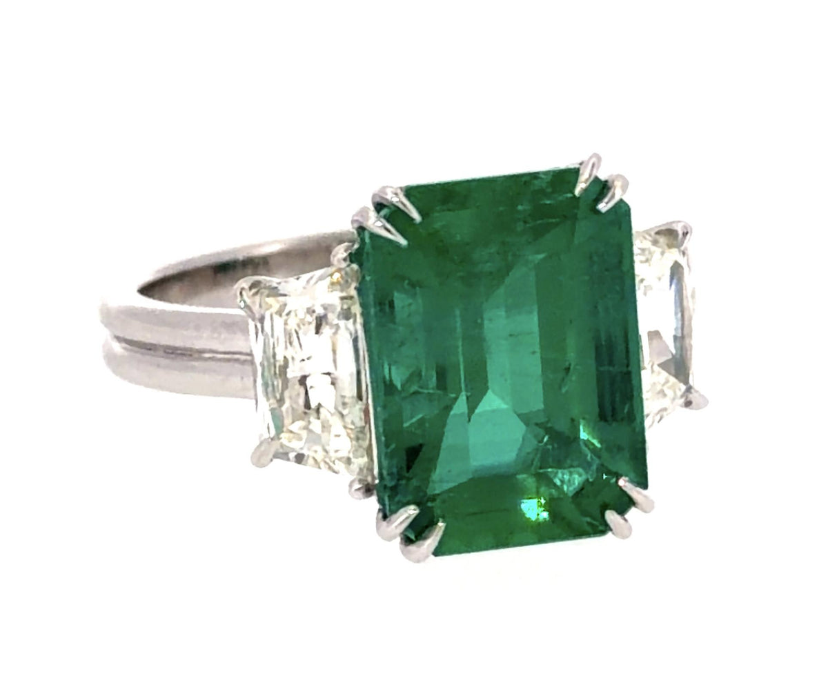 4.15ct F2 Emerald Platinum Ring 1.16ct (J VS2 No Cert) Trapezoid Diamond 7g