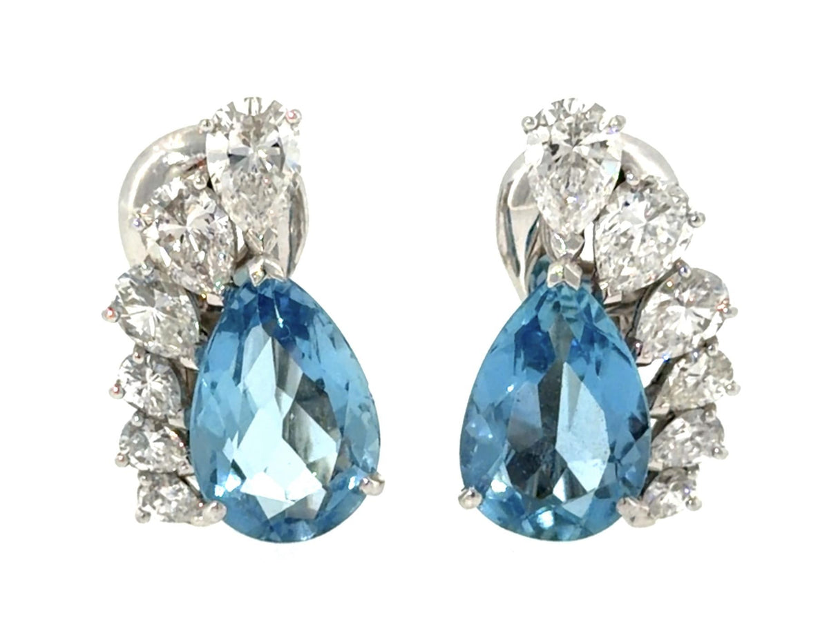 10ct Aquamarine 3ct Pear Diamond Platinum Clip on Earrings (Vintage 1960s)