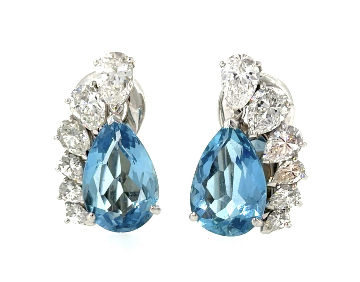 10ct Aquamarine 3ct Pear Diamond Platinum Clip on Earrings (Vintage 1960s)