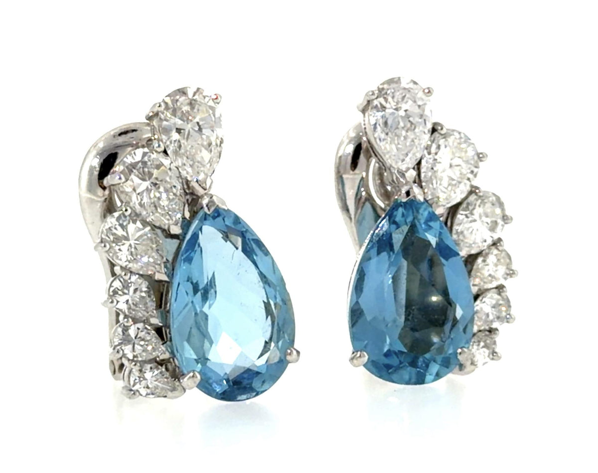 10ct Aquamarine 3ct Pear Diamond Platinum Clip on Earrings (Vintage 1960s)