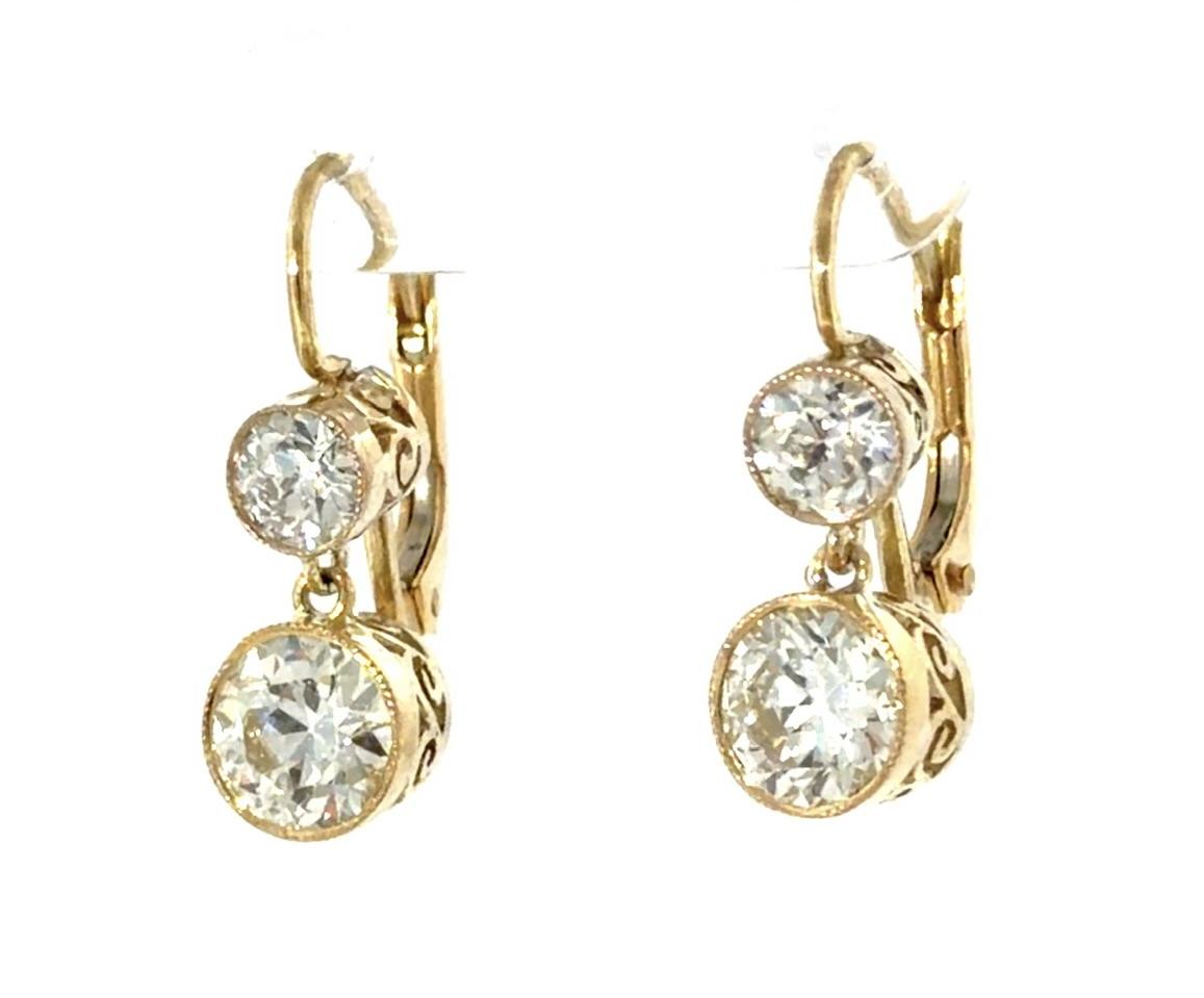1.80ct (Two Center European Cut Diamonds) 18KY Gold Earrings .72ct SD 4.17g