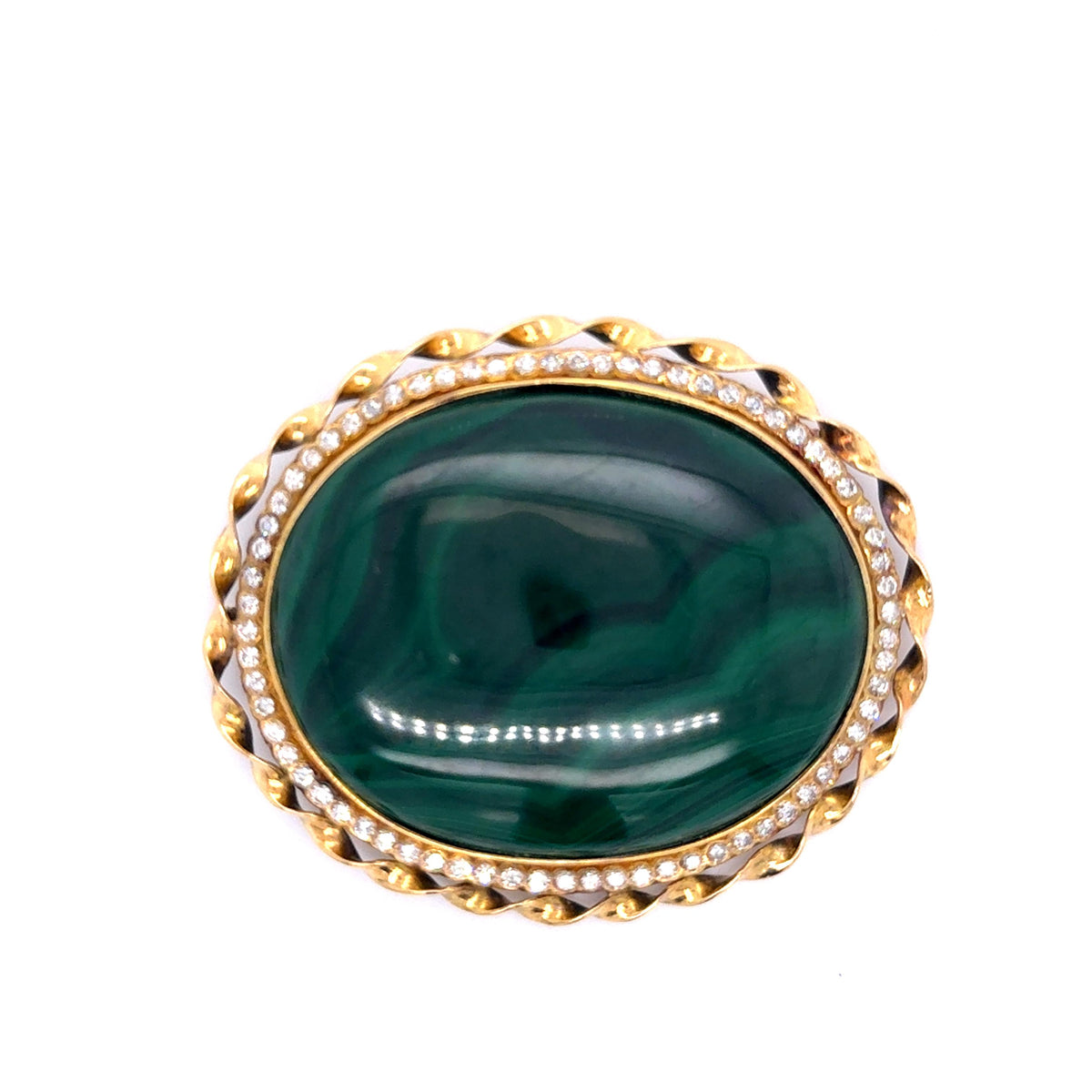 125ct Malachite 18KY Dia Brooch 1.70ct Dia (Circa 1960s) 53.20g 2.25x2"