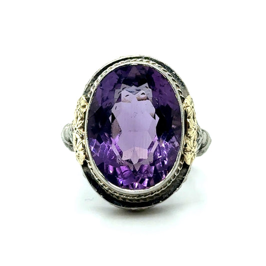 12ct Original Art Deco Amethyst Ring 14K 2 Tone (Circa 1920s) 6.60g 6.5 Size