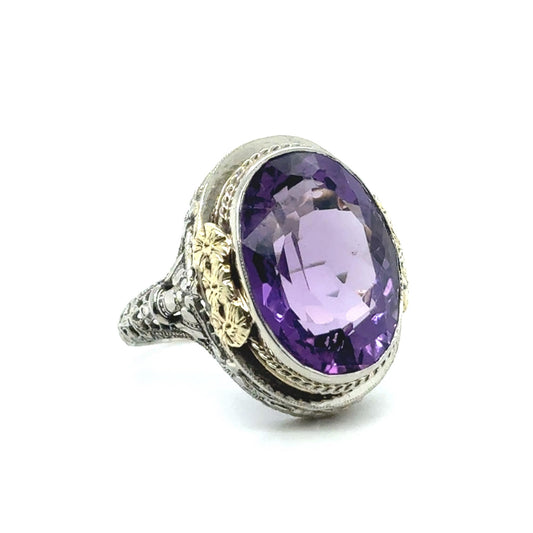 12ct Original Art Deco Amethyst Ring 14K 2 Tone (Circa 1920s) 6.60g 6.5 Size