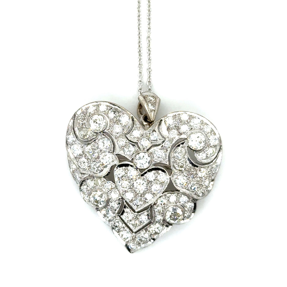 Original Art Deco 3.75ct Diamond Heart Pendant/Brooch (Circa 1920s) 11g 16"