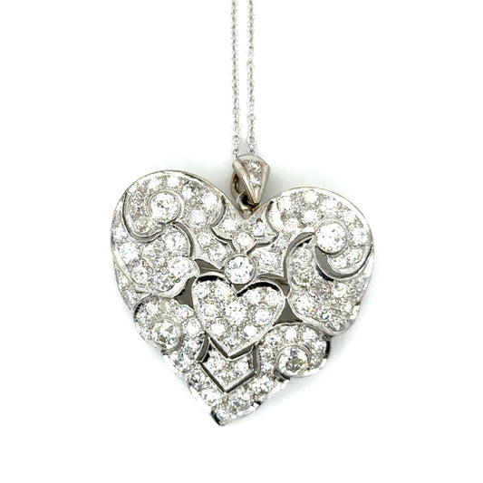 Original Art Deco 3.75ct Diamond Heart Pendant/Brooch (Circa 1920s) 11g 16"
