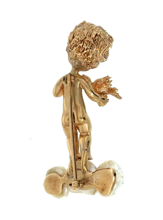 Russer Mississippi Pearls 14KY Gold Cherub Brooch (Vintage 1950s) 12.90g 2.75"