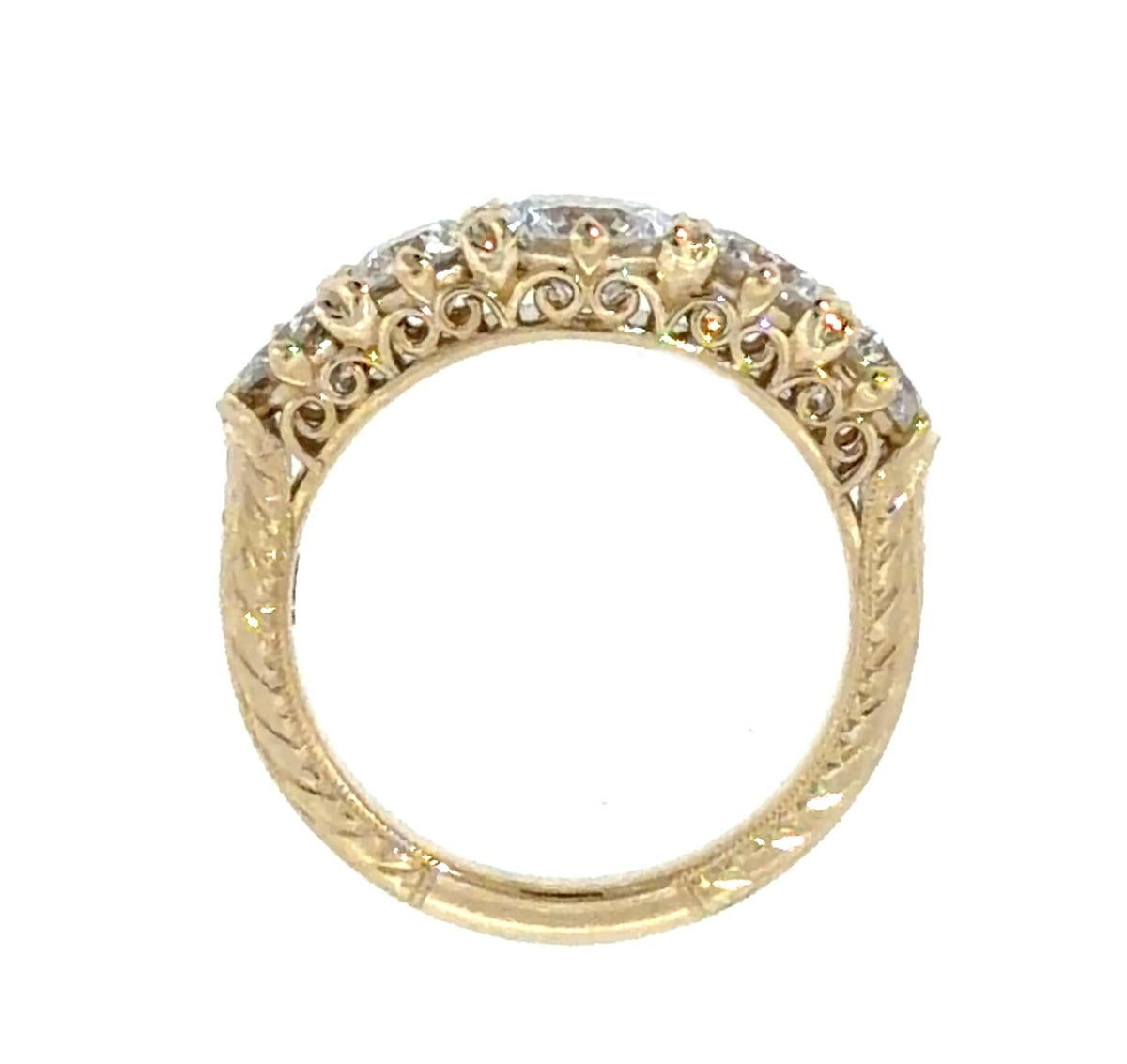 .85ct Center Diamond 1.60ct SD 14KY Gold Five Stone Ring Hand Engraved 5.10g
