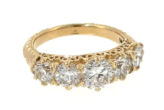 .85ct Center Diamond 1.60ct SD 14KY Gold Five Stone Ring Hand Engraved 5.10g
