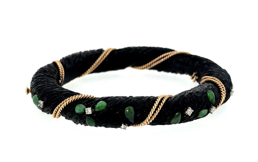 Original 2.50ct Jade .72ct Diamond + Wood 14KY Gold Bangle Bracelet 22.63g
