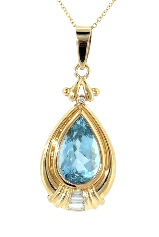 8.50ct Aquamarine 18KY Gold Pendant .35ct Diamond 8.80g 16"