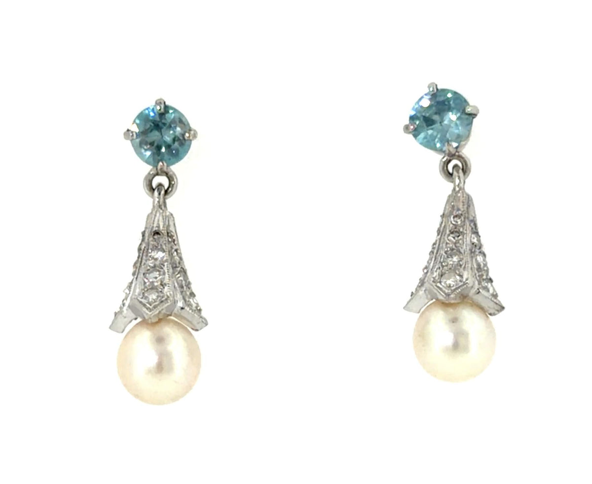 .70ct Diamond 1.60ct Blue Zircon + Pearl 14KW Gold Drop Earrings 4.50g 1"